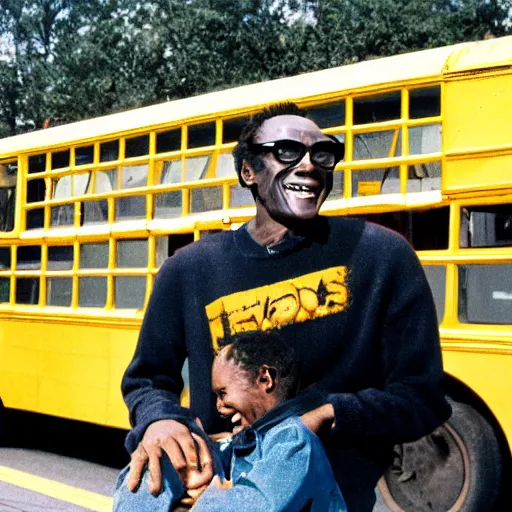 Prompt: giant miles davis smiles as he eats an entire school bus