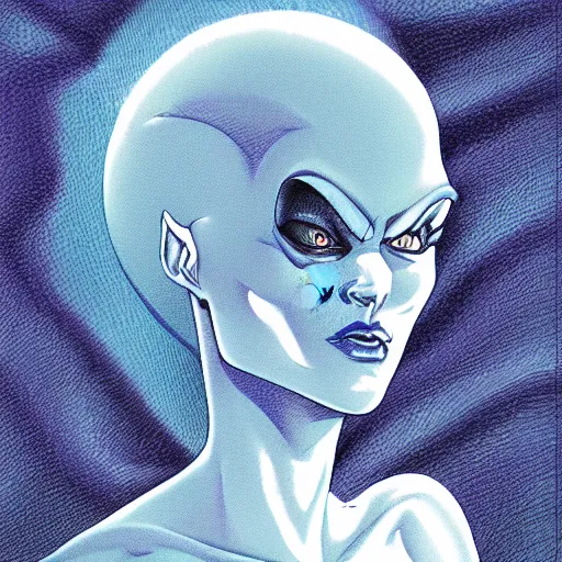 Prompt: portrait of a gorgeous female blue alien, sharp, detailed, in the style of Moebius