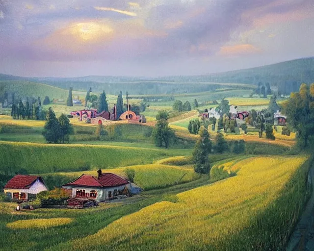 Image similar to a beautiful view of a peaceful village in ukraine. art by denys tsiperko and bogdan rezunenko, hyperrealism