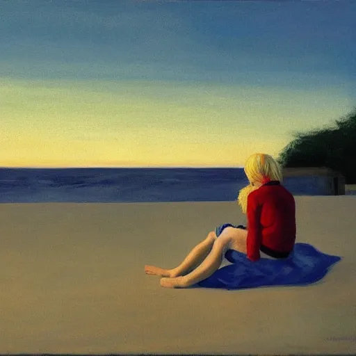 Prompt: a nine year old blonde girl and her two parents sit on a blanket at the beach and watch through sun go down in the style of Edward hopper