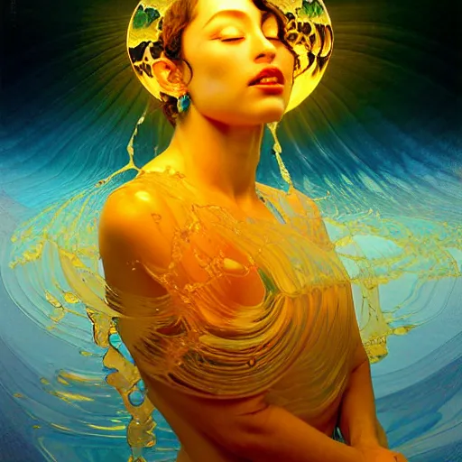 Prompt: transcendent bodhisattva mind bending indigo waves of glossy liquid honey flowing like kaleidoscopic translucent amber, lsd waves, honey ripples, enlightenment, dramatic professional lighting, refracted sunset lighting, highly detailed, concept art, art by collier, albert aublet, krenz cushart, artem demura, alphonse mucha