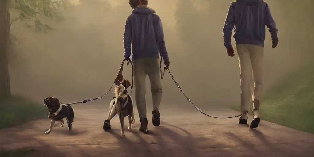 Image similar to a dog walking a human on a leash, cinematic lighting, detailed oil painting, hyperrealistic, 8k