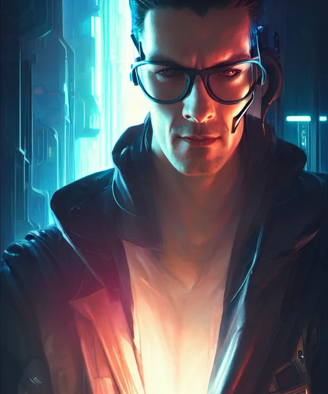 Prompt: cyberpunk hacker man portrait, sci - fi face, elegant, highly detailed, digital painting, artstation, concept art, smooth, sharp focus, illustration, art by artgerm and greg rutkowski and alphonse mucha