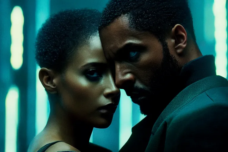 Image similar to film still of closeup beautiful jamaican models couple in blade runner 2 0 4 9, cinematic, moody, gritty neon noir by emmanuel lubezki