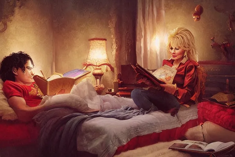 Prompt: portrait of dolly parton reading a bedtime story to michael jackson in bed, an oil painting by ross tran and thomas kincade