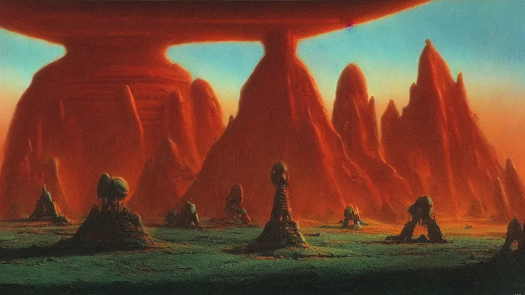 Image similar to mysterious shrine of an alien civilization by paul lehr and john schoenherr, cinematic matte painting