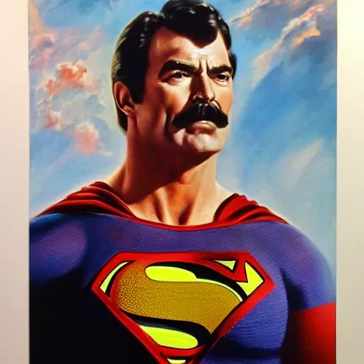 Prompt: ultra realistic portrait painting of tom selleck as superman, art by frank frazetta, 4 k, ultra realistic, highly detailed, epic lighting
