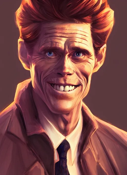 Image similar to young early - 2 0 s willem dafoe portrait illustrated by rossdraws, vivid colors, soft lighting, digital artwork 4 k, best of artstation