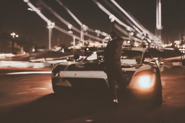 Image similar to silhouette, person on foreground, turned back to the camera, watching cars drive by, bokeh, photorealistic, photo, fuji 2 0 0, canon 8 5 mm, bokeh, cold palette, cinematographic, racing cars, motorsports, chicane, getty images,