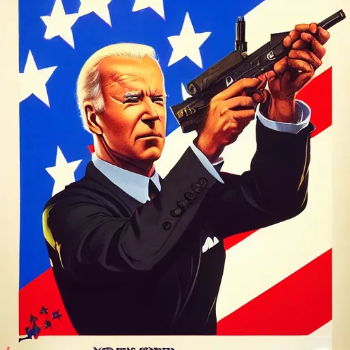 Image similar to propaganda poster of joe biden pointing gun directly at camera in james bond movie, closeup of gun, visible barrel and grip by j. c. leyendecker, bosch, lisa frank, jon mcnaughton, and beksinski