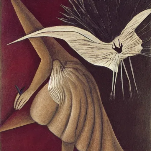 Image similar to detailed surrealistic woman flying midair with rabbit in hands in the style of remedios varo