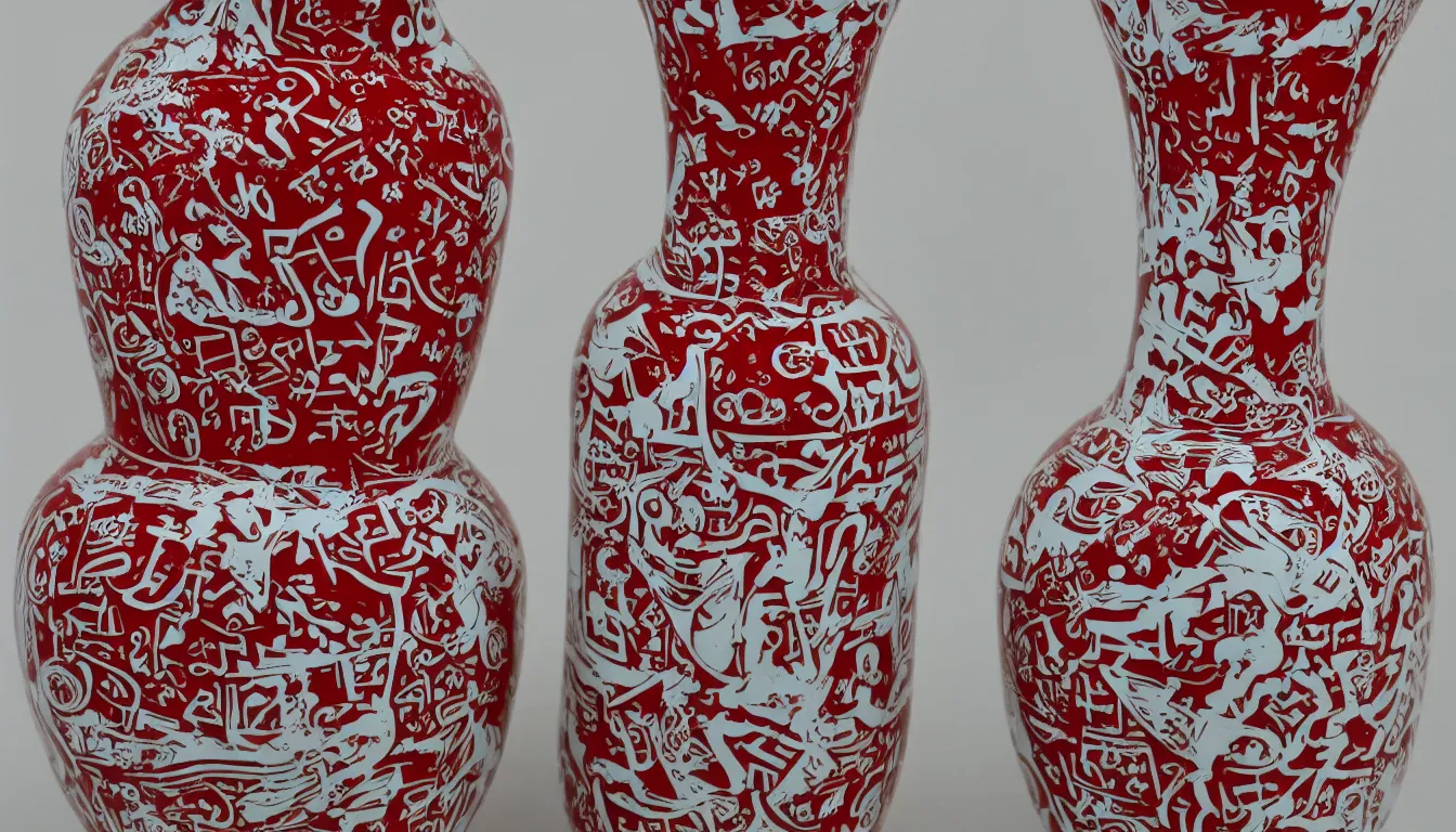 Image similar to beautiful red and white vase covered in occult glyphs that are glowing with a malevolent energy