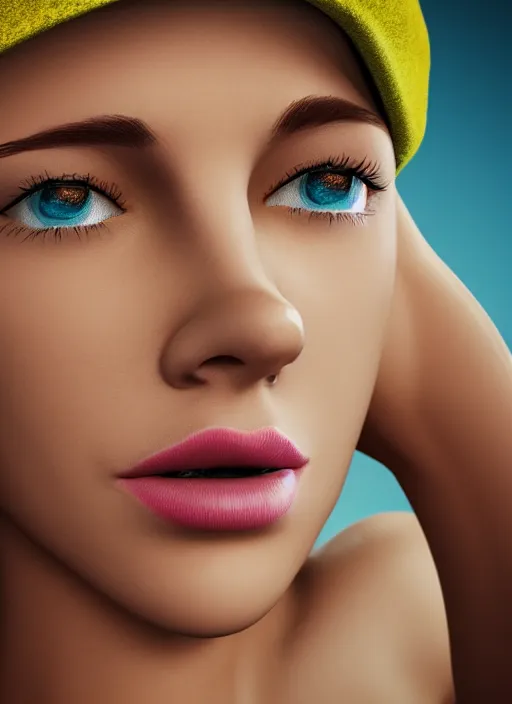 Prompt: young lady, very short yellow hair, nose ring, blue hat, beig brown eyes, nose ring, volumetric lighting, detailed