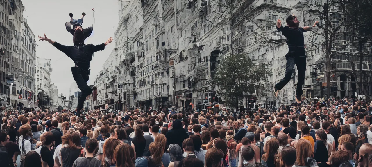 Prompt: A man casually levitating 15 feet off the ground while a crowd of surprised onlookers watches. Photo realistic, DSLR photograph, Cinematic, dramatic lighting, award winning