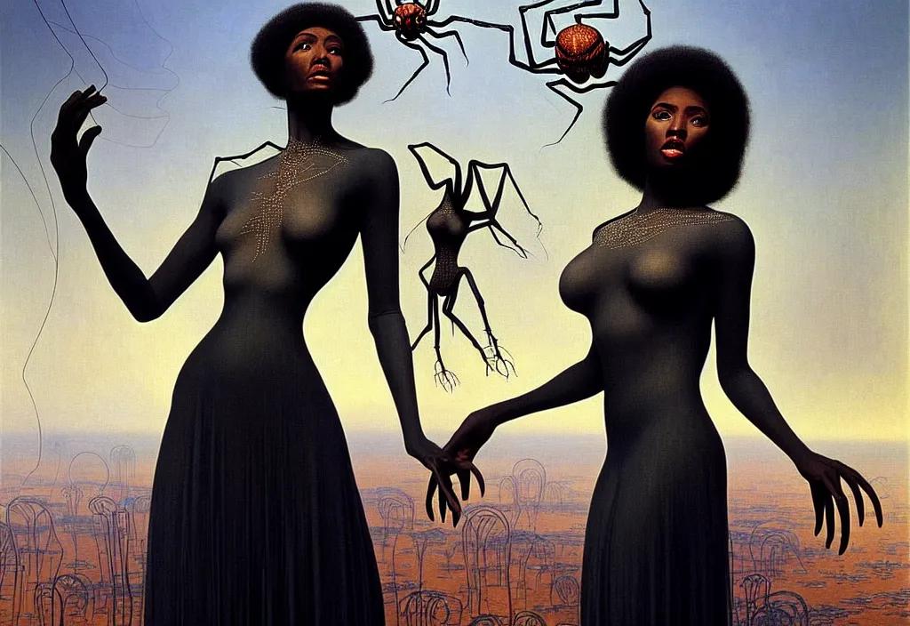 Image similar to realistic detailed portrait movie shot of a single beautiful black woman in a transparent sheer fabric dress dancing with a giant spider, futuristic sci fi landscape background by denis villeneuve, jean delville, yves tanguy, ernst haeckel, alphonse mucha, max ernst, monia merlo, roger dean, sci fi necklace, masterpiece, dreamy, rich moody colours