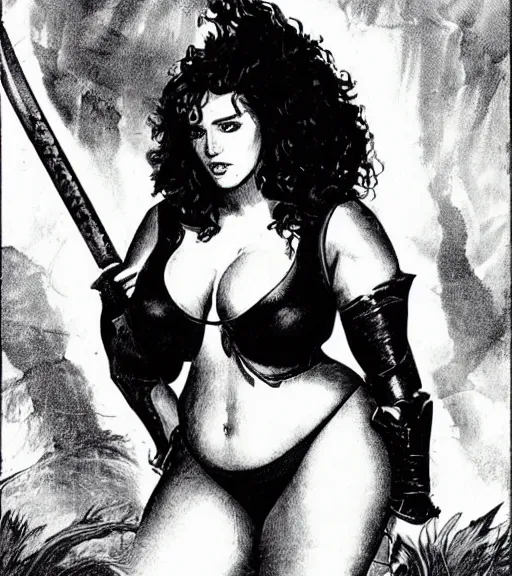 Image similar to 1 9 8 0 s fantasy novel book cover, bbw plus size amazonian 1 9 - year - old winona ryder in extremely tight bikini armor wielding a cartoonishly large sword, exaggerated body features, dark and smoky background, low quality print