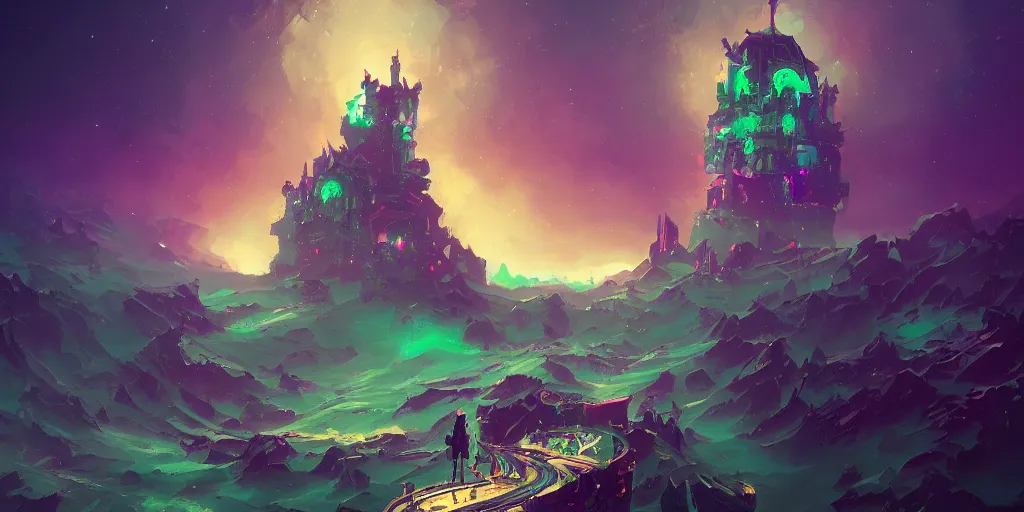 Prompt: looking from space at green sea and dark purple illusion tower in the back, ornate and intricate, by greg rutkowski, by anton fadeev, by rhads, 4 k, snowy