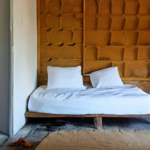 Image similar to bed inside a room, bee hive walls