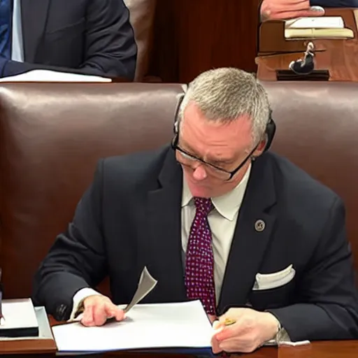 Prompt: Badger holding a clipboard addressing congress