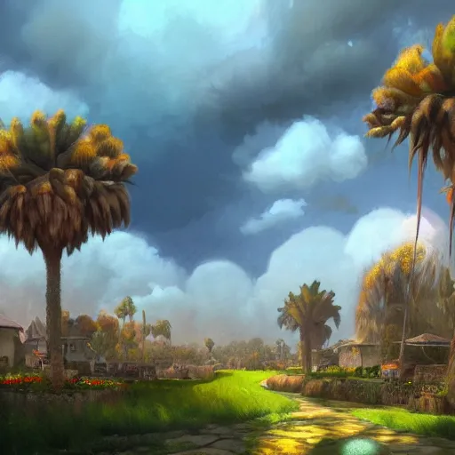 Image similar to a concept painting in the style of esao andrews of a village with beautiful dramatic clouds, dappled lighting, lush landscaping, date palm trees, shrubs and flowers. esao andrews, trending on artstation