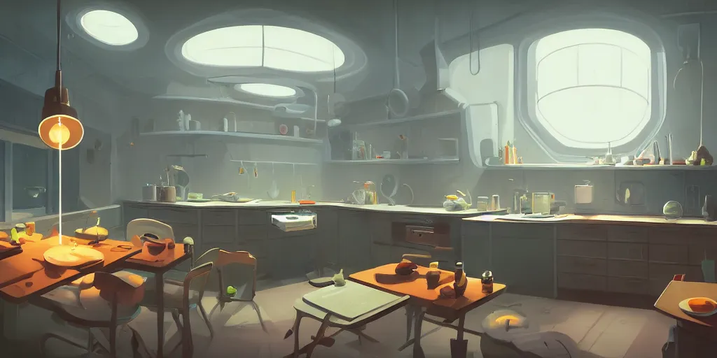 Prompt: minimalistic kitchen dim lit by a candle simon stalenhag gerald brom bastien grivet, fisheye camera, extreme perspective