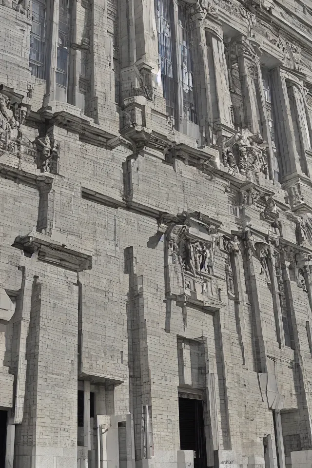 Prompt: a photograph of an enormous building, official courthouse, statues looking down on the gigantic door, brutalist architecture, long shot,