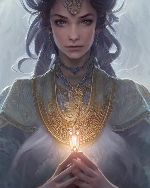 Image similar to close up shot of an amulet, d & d, fantasy, intricate, elegant, highly detailed, digital painting, artstation, concept art, smooth, sharp focus, illustration, in the style of artgerm and greg rutkowski and alphonse mucha