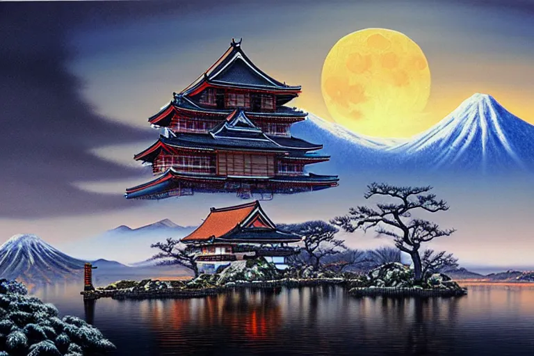 Prompt: landscape with a japanese castle, snowcapped mountains, moonlight, fantasy painting by michael whelan and vicente segrelles and mort kunstler, 4 k, hd, award winning, intricate details