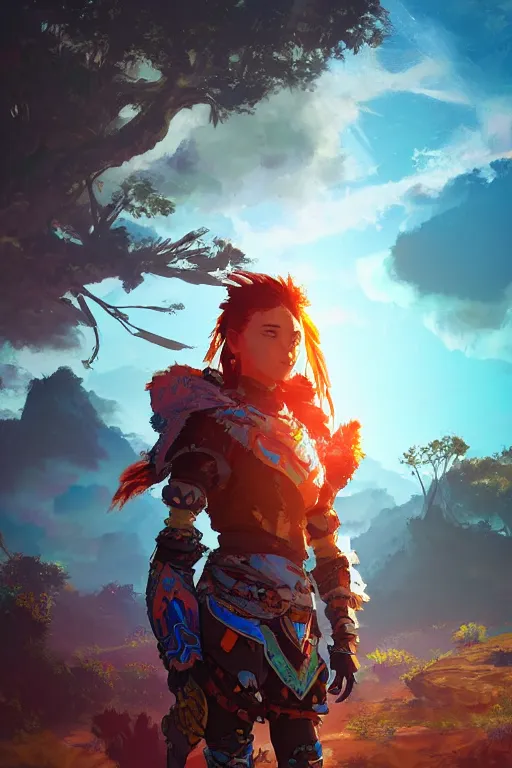 Image similar to combination suit armor aloy horizon forbidden west horizon zero dawn radiating a glowing aura global illumination ray tracing hdr fanart arstation by ian pesty and alena aenami artworks in 4 k tribal robot ninja mask helmet backpack