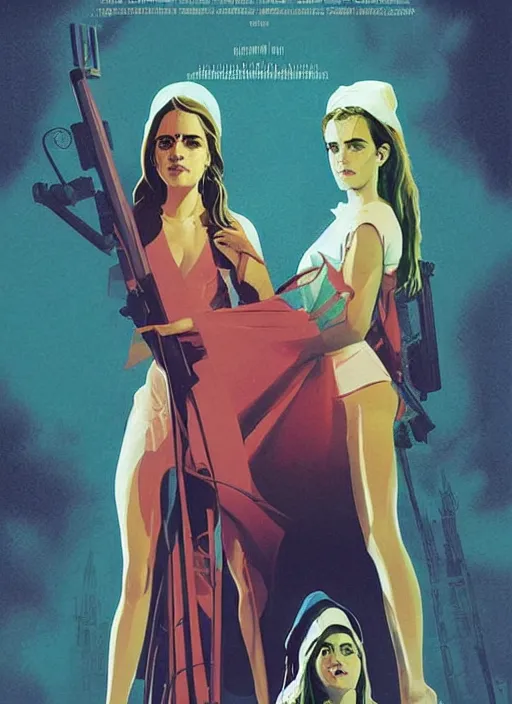 Image similar to poster artwork by Michael Whelan and Tomer Hanuka, Karol Bak Emma Watson and Kiernan Shipka in beauty pageant, clean, flat