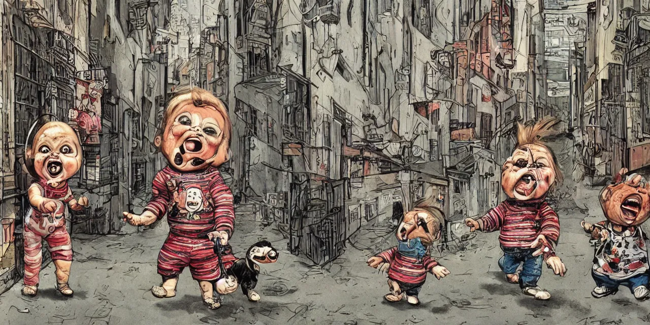 Image similar to a dog walking a screaming chucky doll on a inner city urban street set in the late 2 1 2 2 one hundred years of agi, caricature styling by jack davis