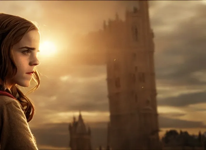 Image similar to film still. screenshot. emma watson as hermione granger. pointing her wand. action scene. slight motion blur. during golden hour. cinematic lighting. directed by christopher nolan and denis villeneuve. extremely detailed. 4 k.