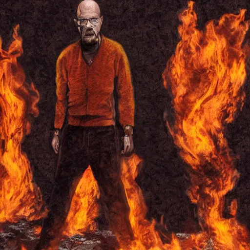 Image similar to walter white standing in front of a building on fire, highly detailed, 4 k