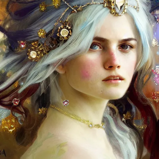 Image similar to a beautiful white haired young 🦍, adorned with precious stones, tiara and necklace by jeremy mann and alphonse mucha, photo realistic, dynamic lighting, windy, artstation, poster, dreamy, volumetric lighting, ethereal, 4 k, high detail