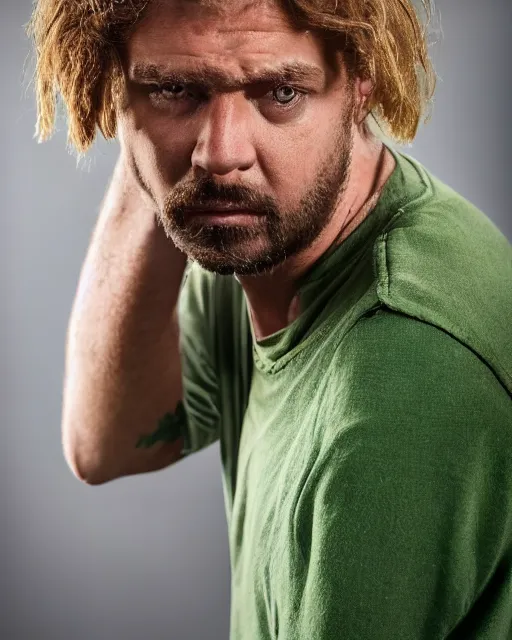 Image similar to closeup prison mugshot of shaggy, dramatic lighting, dirty green clothes, neck shackle, low saturation, somber expression, beardless, smooth face, soft vignette, soft focus, 5 0 mm, 4 k, scooby doo screenshot, photograph by annie leibovitz