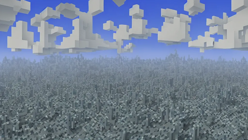 Image similar to Surrealist digital painting of a minecraft End City by René Magritte