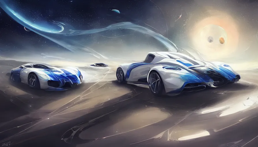 Prompt: white and royal blue luxurious concept sportscar driving down on a luxurious road on interstellar solar system with nearby planets seen from the distance, advanced highway, star trek style, by peter mohrbacher, jeremy mann, francoise nielly, android james, ross tran, beautiful, award winning scenery, 8 k quality, clean details, serene, sakura season