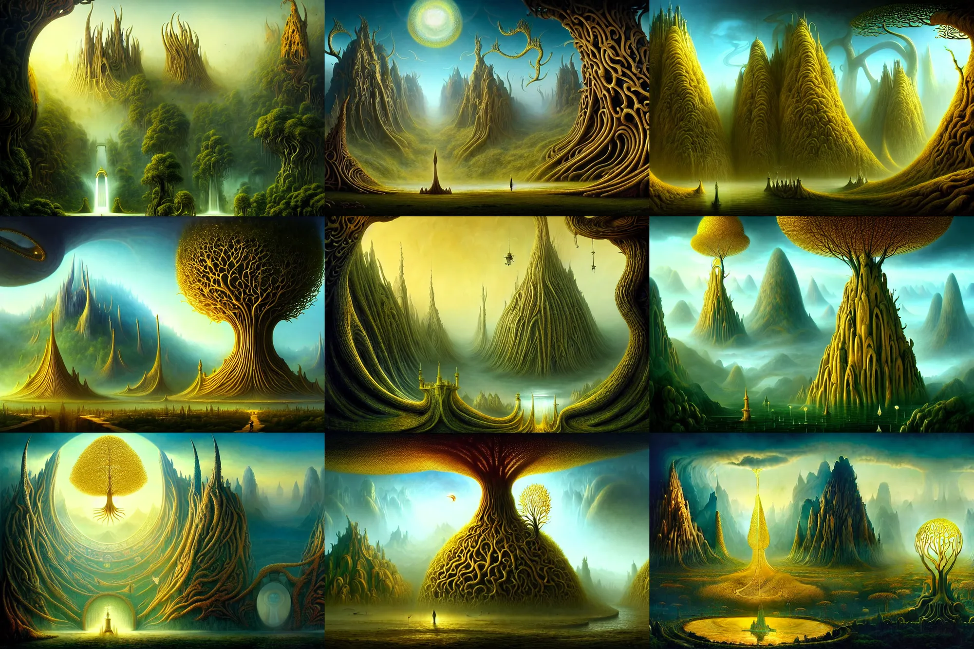 Prompt: a beautiful epic stunning amazing and insanely detailed matte painting of alien dream worlds with surreal architecture designed by Heironymous Bosch, behold the great golden tree Glasir at the gates of Valhalla, mega structures inspired by Heironymous Bosch's Garden of Earthly Delights, vast surreal landscape and horizon by Cyril Rolando and Andrew Ferez and Greg Rutkowski and Charlie Bowater, masterpiece!!, grand!, imaginative!!!, whimsical!!, epic scale, intricate details, sense of awe, elite, wonder, insanely complex, masterful composition, sharp focus, dramatic lighting