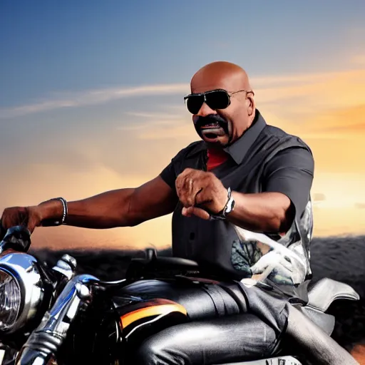 Prompt: steve harvey riding a motorcycle during a sunset