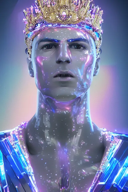 Prompt: hyper detailed ultra sharp photo fullbody of baroque and bladerunner delicate glowing diamonds sculpture of a muscular seductive young spanish male feeling highly aroused, iridescent humanoid deity wearing black cloak holding a rainbow gem, blue diamond, silver metallic sphinx, i glowing pink face, crown of white diamonds, cinematic lighting, photorealistic, octane render 8 k depth of field 3 d