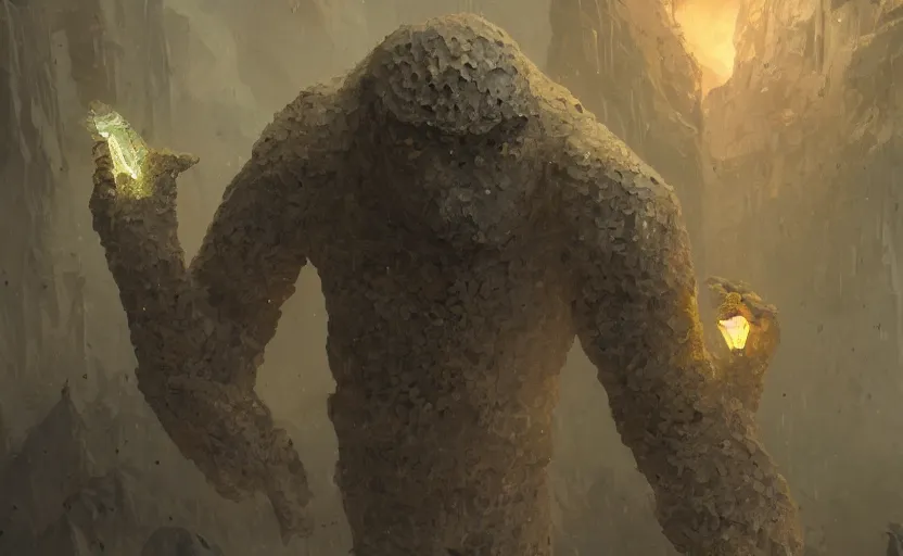 Prompt: a golem made from translucent crystals, high in the mountains, greg rutkowski, 8 k, shallow depth of field, intricate detail, concept art,