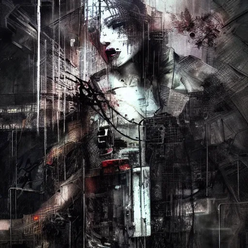 Image similar to screaming cyberpunk, wires, machines by emil melmoth zdzislaw belsinki craig mullins yoji shinkawa realistic render ominous detailed photo atmospheric by jeremy mann francis bacon and agnes cecile ink drips paint smears digital glitches glitchart