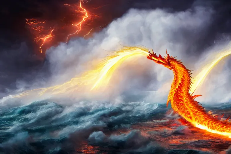 Image similar to fire dragon with lightnings and smoke is fighting against giant water monster with huge waves, dramatic fire lighting, CGsociety, full length, exquisite detail, post-processing, masterpiece, volumetric lighting, cinematic, hypermaximalistic, high details, cinematic, 8k resolution, beautiful detailed, insanely intricate details, sharp edges, smooth focus, low angle, tilted