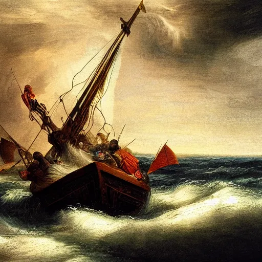 Image similar to a medieval vessel sailing the sea in a rough storm, sailors frantically pulling at ropes and tying the sails, large waves crashing and lightning striking in the distance, dark great clouds swirling above, detailed and oil painting