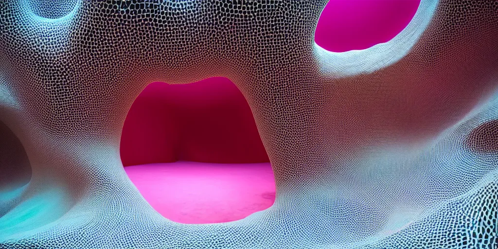 Image similar to biomorphic honeycomb building by ernesto neto, light - mint with light - pink color, 4 k, insanely quality, highly detailed, film still from the movie directed by denis villeneuve with art direction by zdzisław beksinski, telephoto lens, shallow depth of field