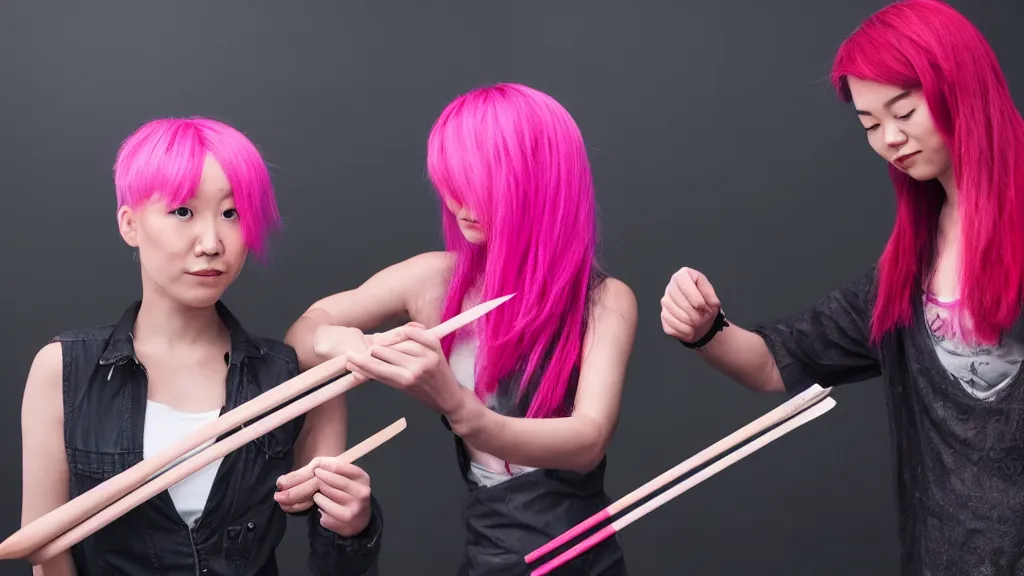 Prompt: person with pink hair and a knife fighting an asian person with chopsticks, cinematic, 4 k