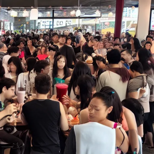 Image similar to photo of a crowd of people drinking boba milk tea while staring at the camera with soulless eyes and drool coming out of their mouths