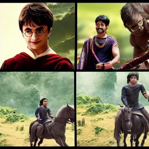 Prompt: harry potter in bahubali ~ on a horse ~