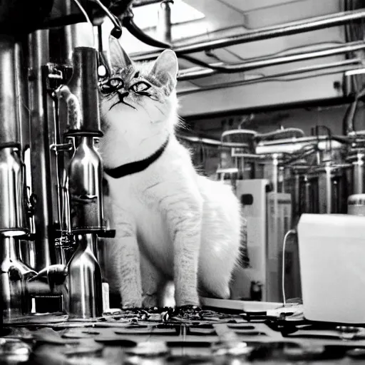 Prompt: scientist cat working at the chernobyl nuclear power plant, cat in lab - coat, black & white photo