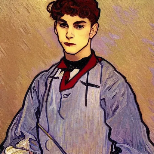 Image similar to painting of grumpy taehyung in a maid outfit, elegant, clear, painting, stylized, art, art by alphonse mucha, vincent van gogh, egon schiele,